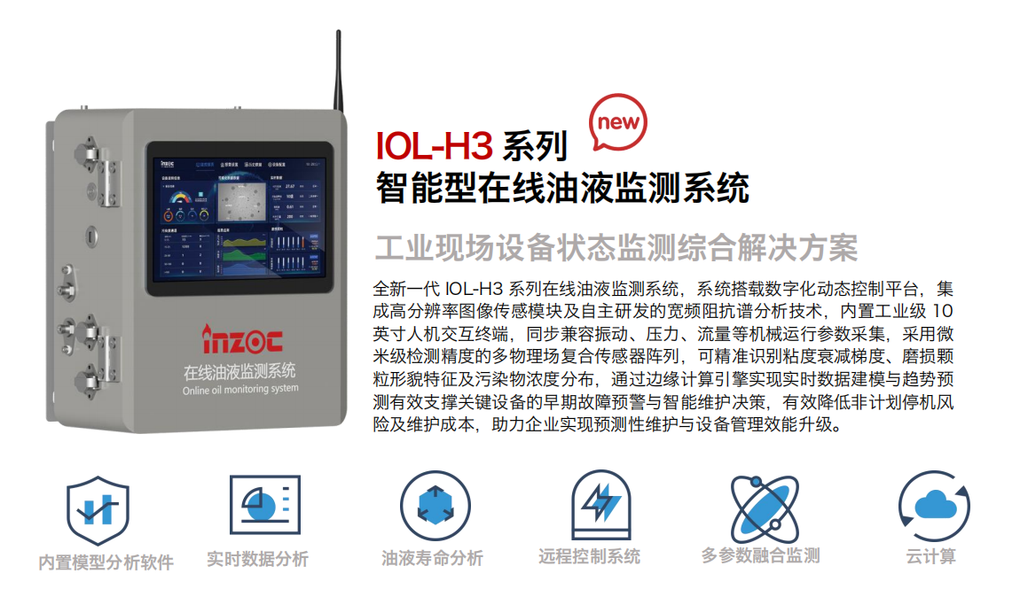 IOL-H3系列智能型在線油液監測系統-工業現場設備狀態監測綜合解決方案圖1 全新一代 IOL-H3 系列在線油液監測系統，系統搭載數字化動態控制平臺，集成高分辨率圖像傳感模塊及自主研發的寬頻阻抗譜分析技術，內置工業級 10英寸人機交互終端，同步兼容振動、壓力、流量等機械運行參數采集，采用微米級檢測精度的多物理場復合傳感器陣列，可精準識別粘度衰減梯度、磨損顆粒形貌特征及污染物濃度分布，通過邊緣計算引擎實現實時數據建模與趨勢預測有效支撐關鍵設備的早期故障預警與智能維護決策，有效降低非計劃停機風險及維護成本，助力企業實現預測性維護與設備管理效能升級。